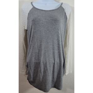 Heathered Gray Raglan Crochet Long Sleeves Top Small Ruched Sides Lightweight